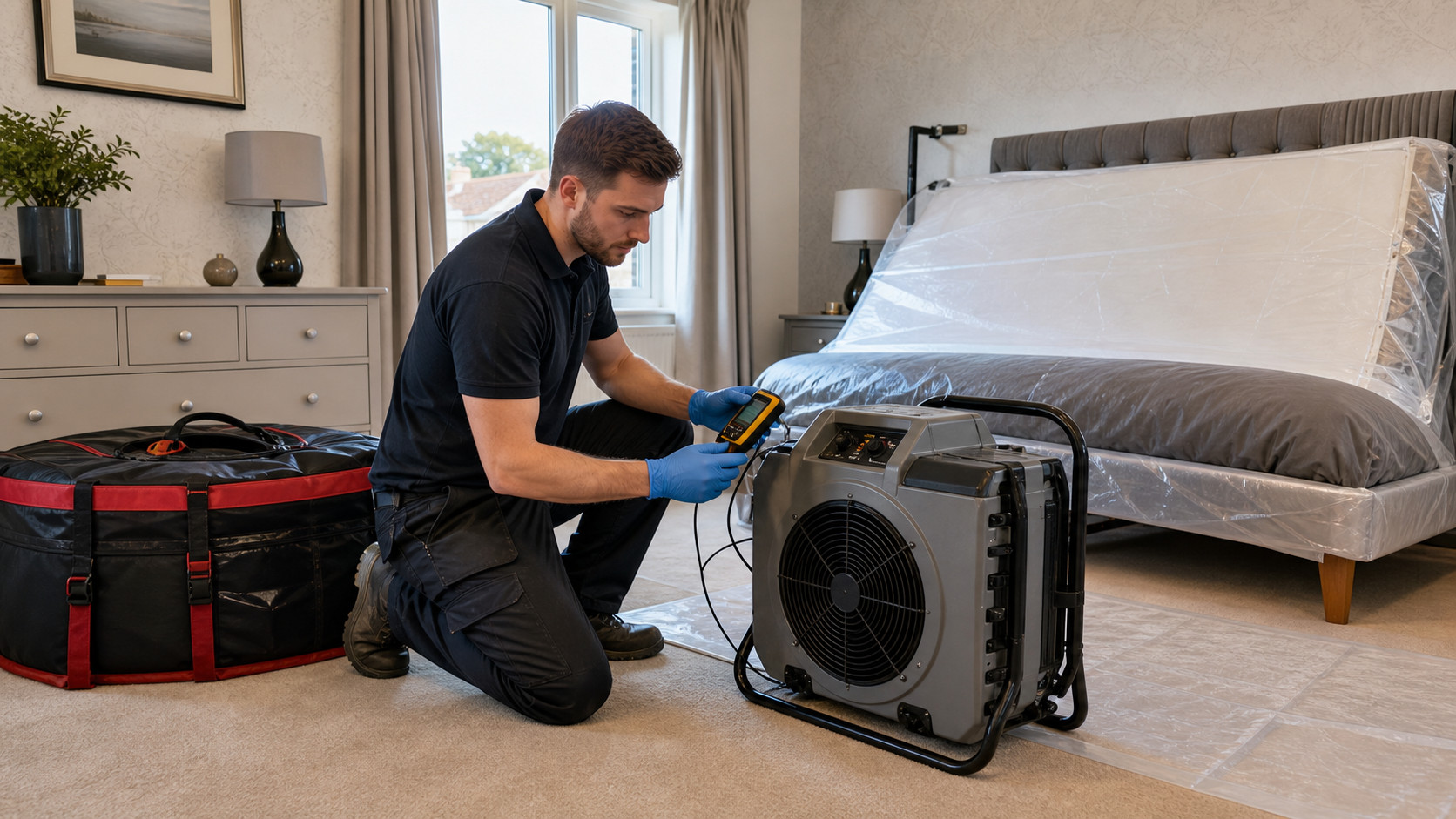 Eco Clean Sussex technician checking heat treatment equipment in a prepared Sussex bedroom