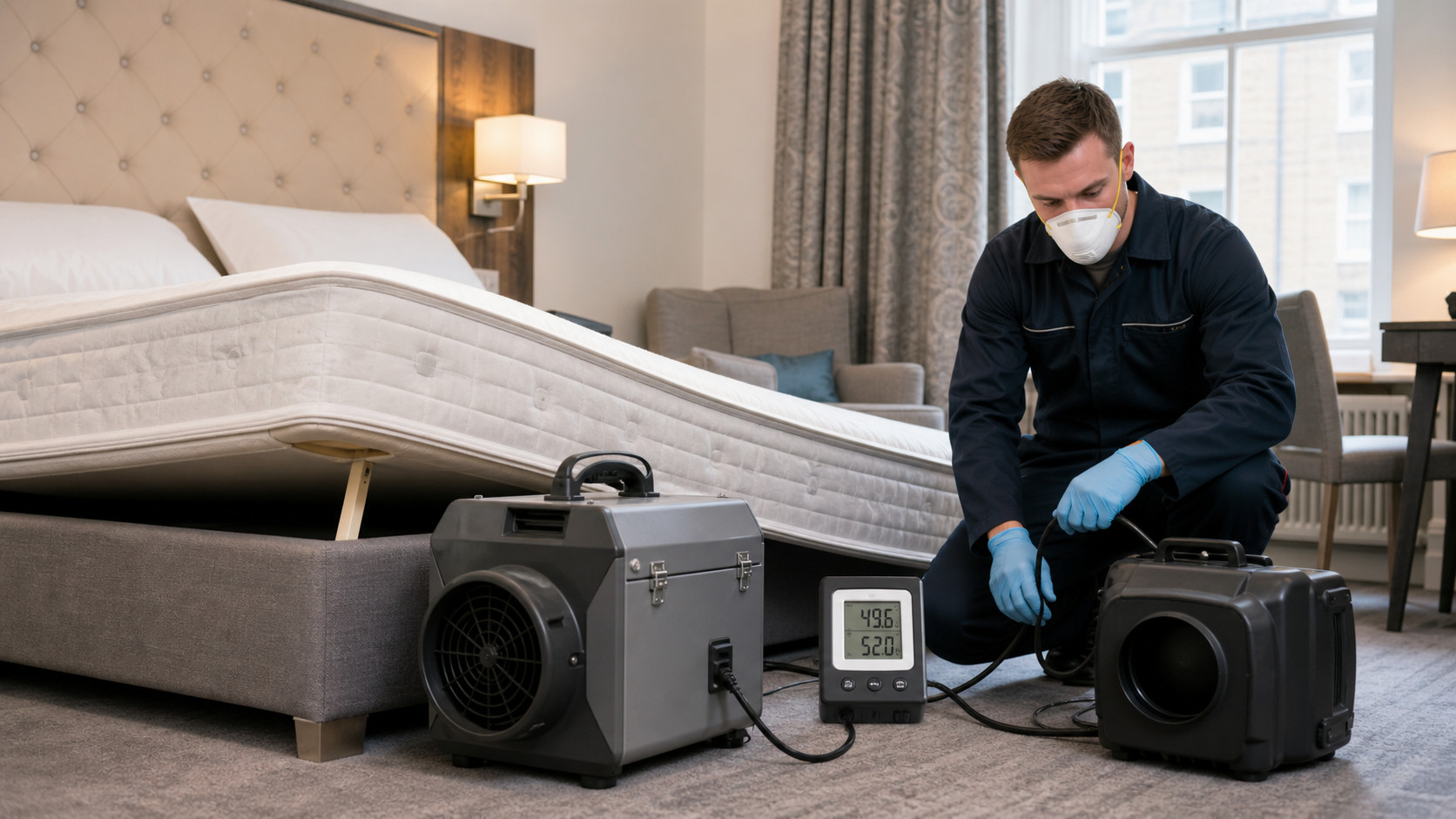 Eco Clean Sussex technician setting up bedbug heat treatment equipment in a hotel room