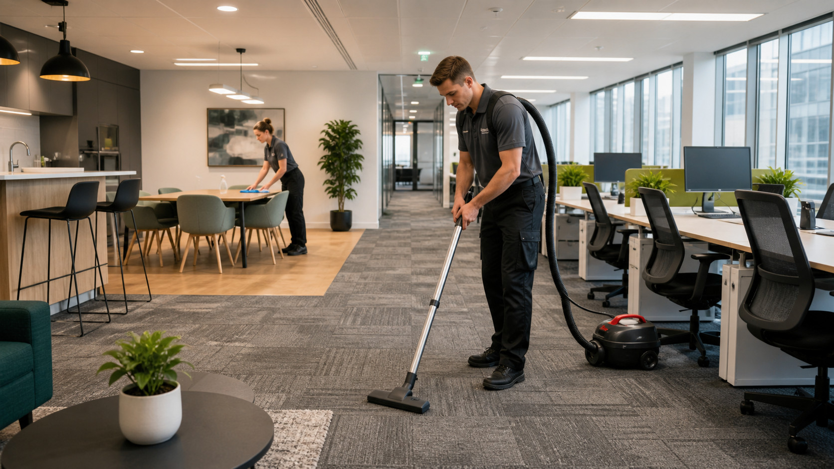 Office Cleaning in Brighton and Sussex: Keeping High-Traffic Workspaces Healthier Eco Clean Sussex team vacuuming and wiping tables in a busy Brighton office