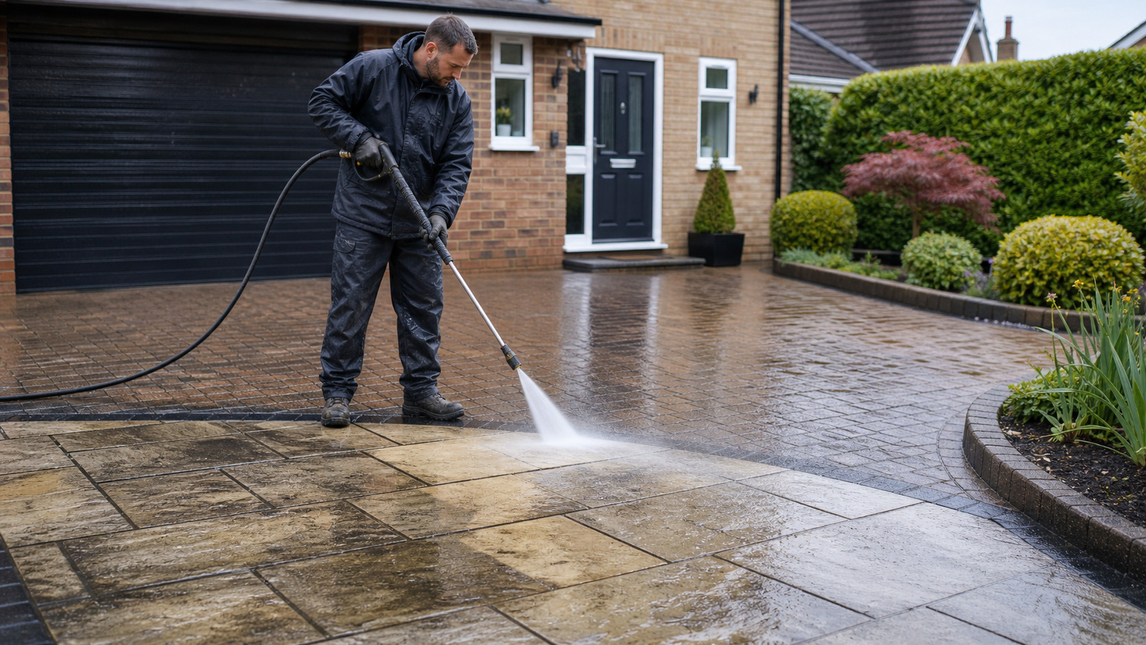 Eco Clean Sussex pressure washing a clean driveway and patio in Sussex
