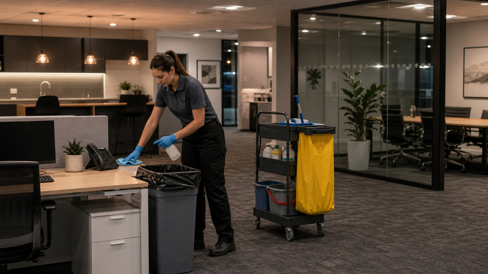Eco Clean Sussex cleaner following an office cleaning schedule in a Sussex workplace