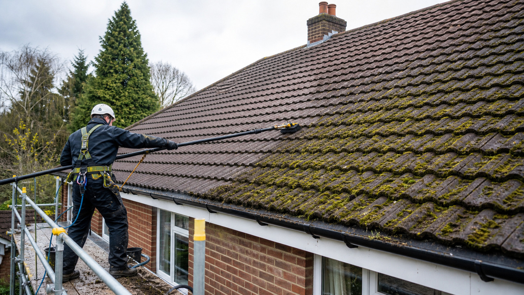 Roof Cleaning and Moss Removal Eco Clean Sussex roof cleaning and moss removal on a tiled roof