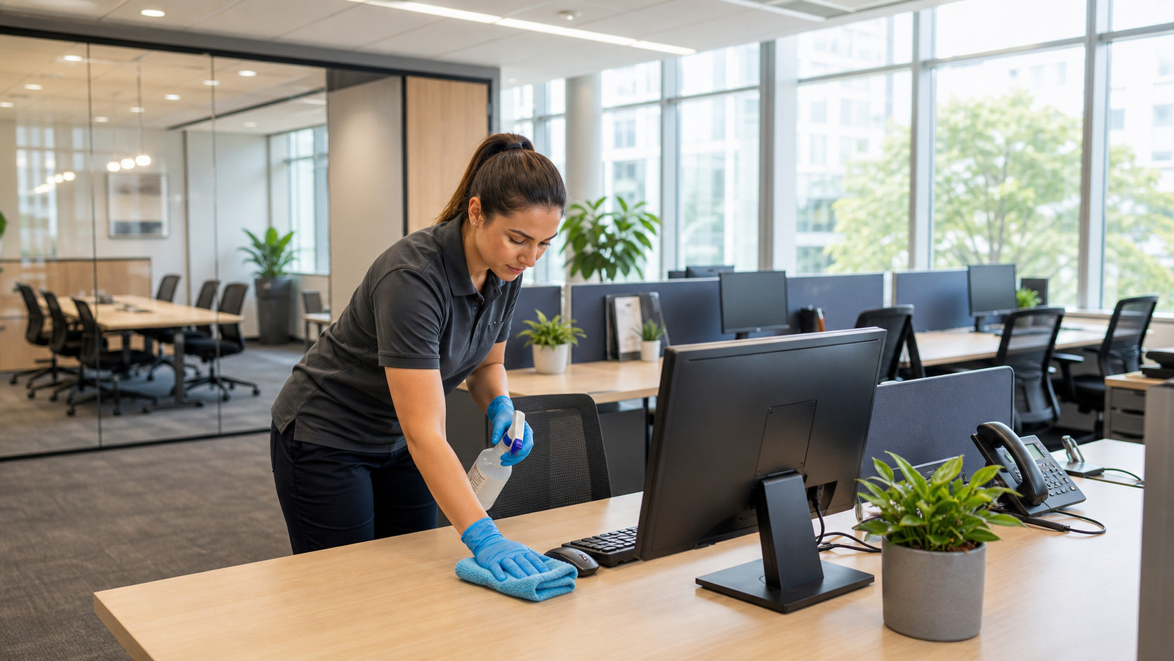 Eco Clean Sussex office cleaner sanitising desks in a modern Sussex workplace