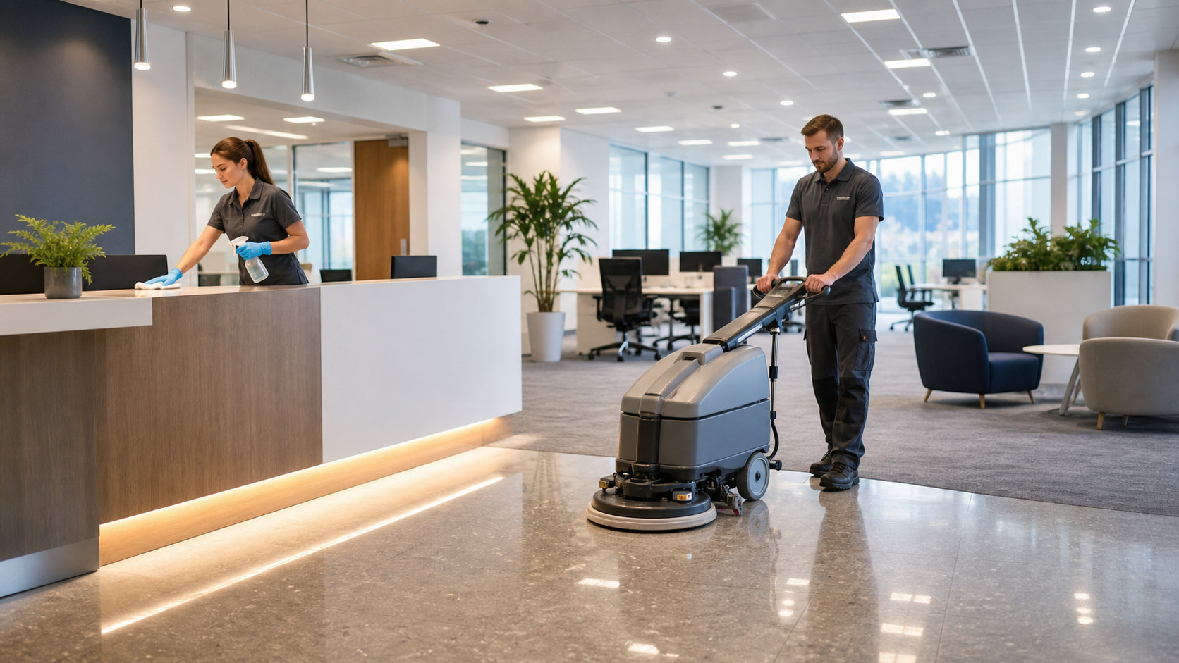 Eco Clean Sussex deep cleaning an office reception and floor area near Tunbridge Wells