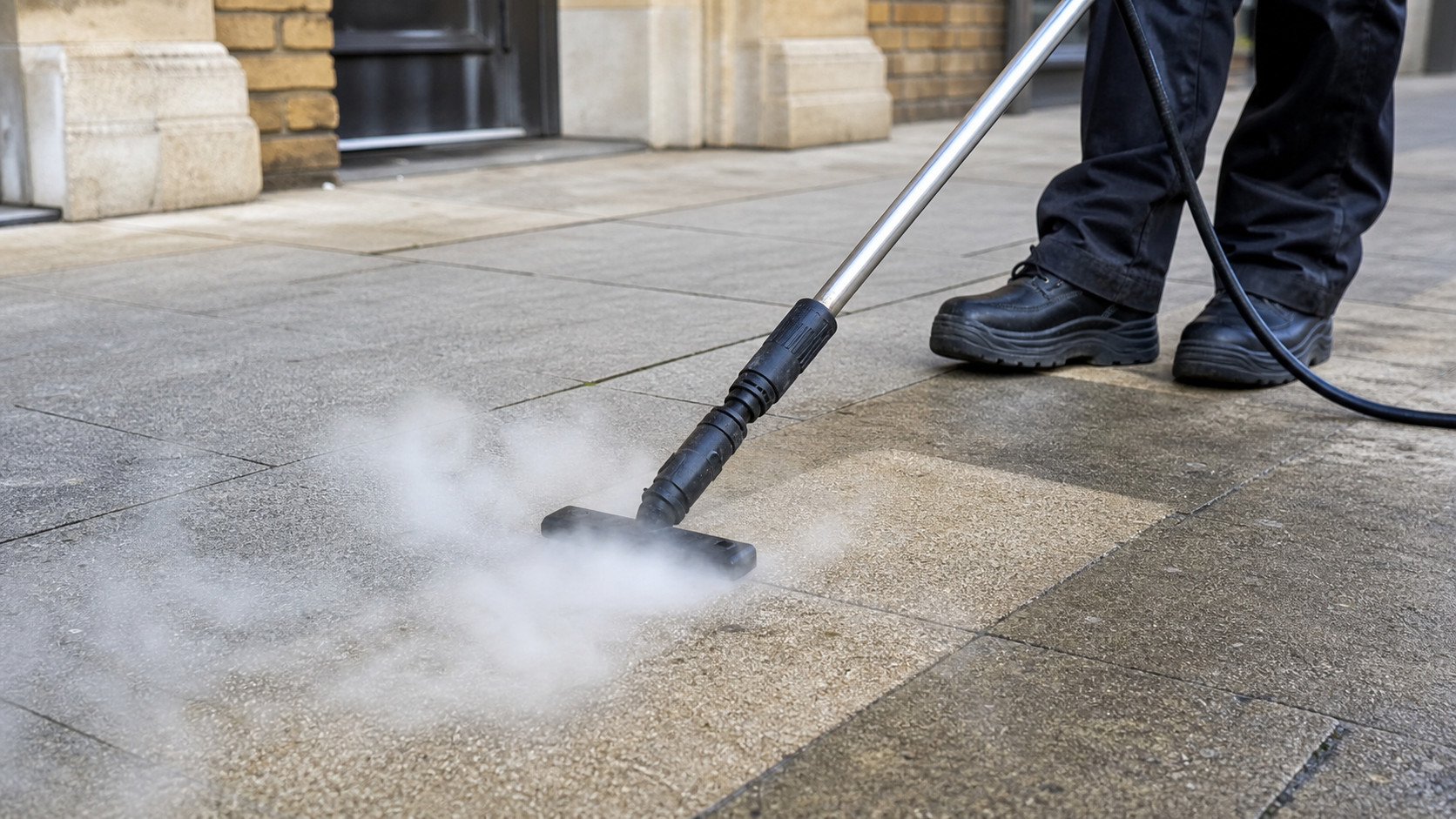 Eco Clean Sussex pressure washing algae from a shaded patio
