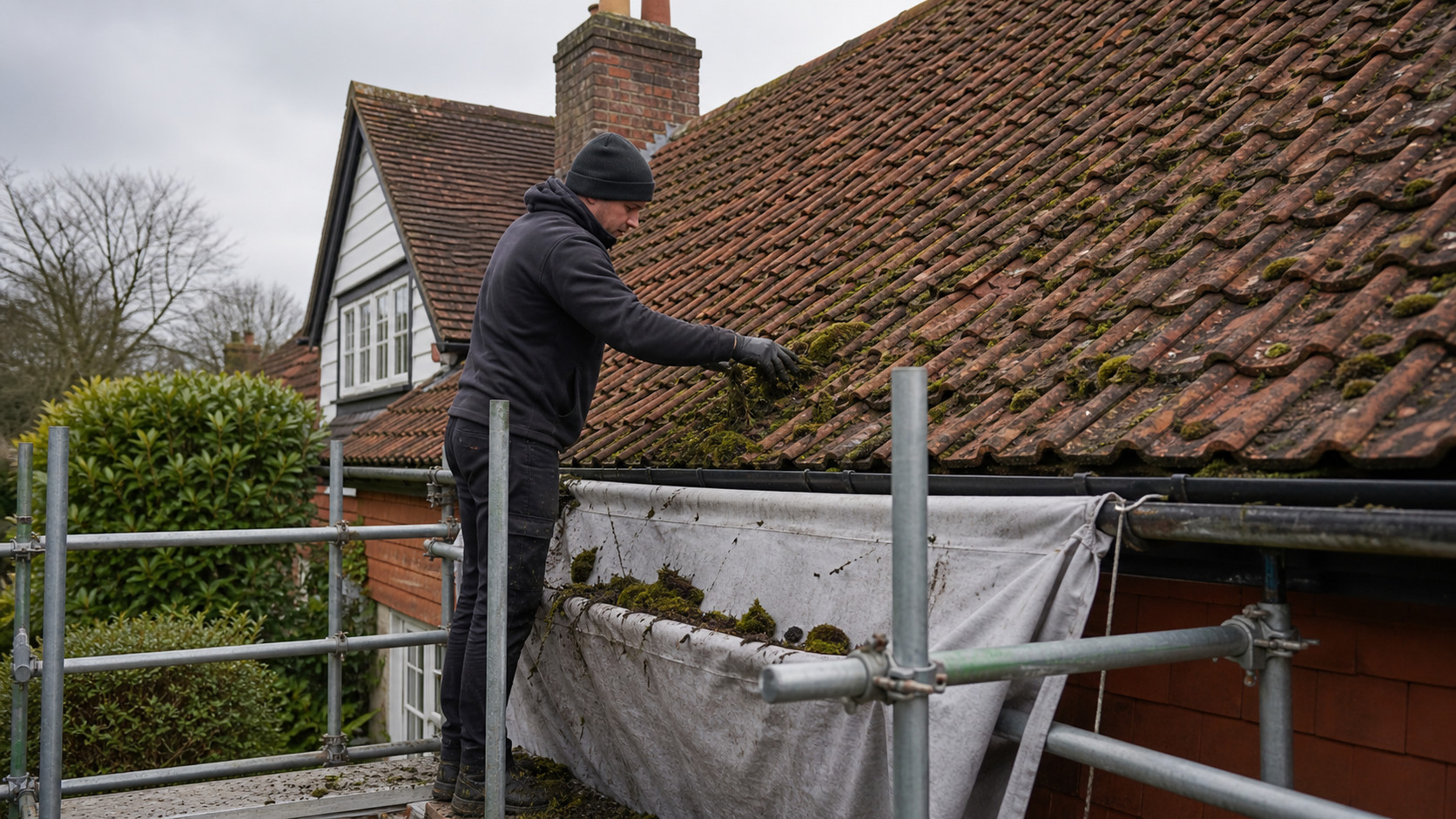 Soft washing stained render with protected garden planting
